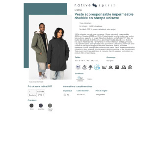 NS609  Veste écoresponsable imperméable doublée en sherpa unisexe