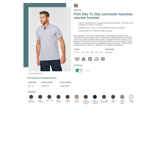 WK270  Polo Day To Day contrasté manches courtes homme